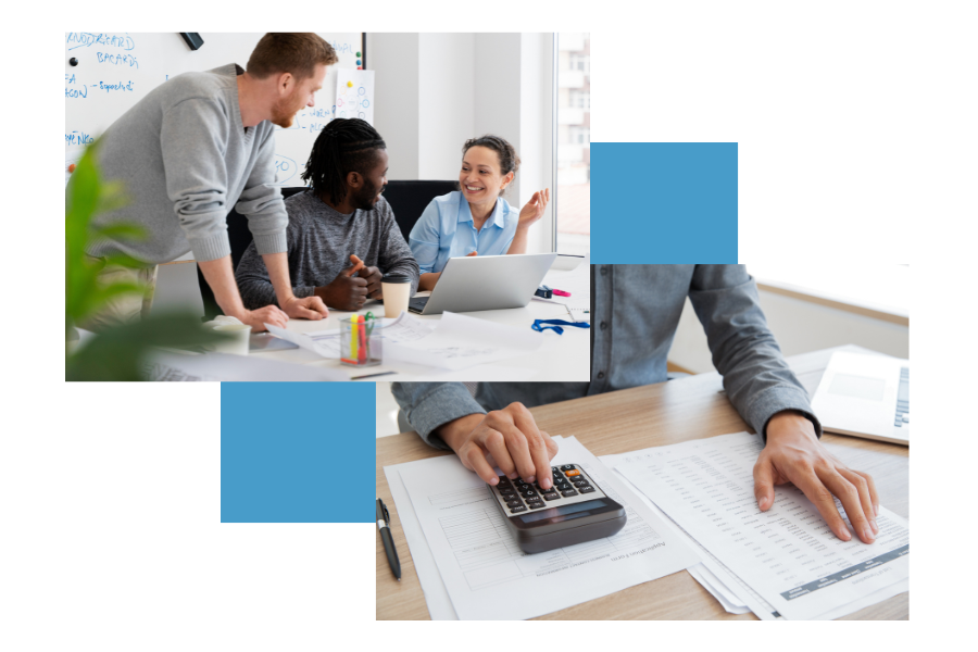 Une image d'étudiants en train de se former et une image d'un homme qui travaille en comptabilité