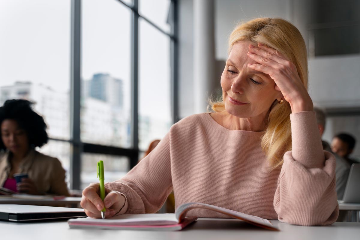 Femme en reconversion en train de réaliser le quizz compta