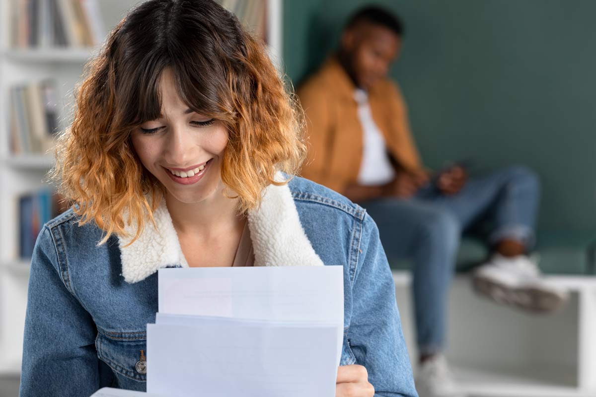 Jeune femme en train de rassembler les documents nécessaires à l'inscription au bts cg en candidat libre